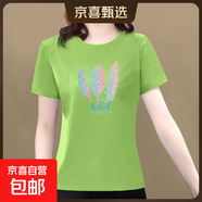 【送媽媽禮物】純棉短袖t恤女2025夏季百搭大碼女裝印花媽媽裝 草綠羽毛 XL 【建議115-125斤】