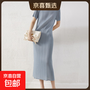 春夏褶皺連衣裙女顯瘦彈力OL通勤a字裙褶皺顯瘦 天藍色 均碼