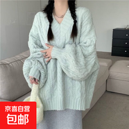 大碼中長(cháng)款加厚溫柔軟糯V領(lǐng)毛衣女寬松秋冬慵懶風(fēng)麻花針織衫外穿 綠色 2XL