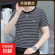 夏季新款純棉短袖t恤男條紋圓領(lǐng)半袖潮流上衣男T恤修身時(shí)尚百搭WF G2231黑條紋 純棉T恤 L 建議110-125斤