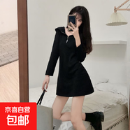 200斤大碼長(cháng)袖中長(cháng)款拉鏈連帽衛T恤女加絨加厚顯瘦慵懶風(fēng)連衣裙 黑色加絨款 5XL (【建議170-200斤)