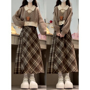 雪妃藍琪（XUEFEILANQI）秋冬連衣裙女裝2025新款學(xué)院風(fēng)針織毛衣套裝裙子小個(gè)子小香風(fēng)穿搭 咖色格子裙 M 【建議80-100斤】