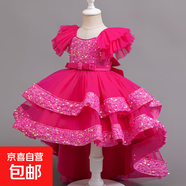 新款兒童禮服亮片蓬蓬網(wǎng)紗蛋糕公主裙女寶寶周歲宴會(huì )晚禮服裙 玫紅色 110 110cm