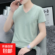 竹節棉夏季V領(lǐng)短袖T恤男薄款潮流半袖上衣男打底衫2025新款男裝WF Q662豆綠 純棉T恤 L 建議100-120斤