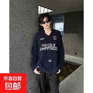 仿貂毛運動(dòng)徽章V領(lǐng)毛衣男女冬季美式復古加絨加厚針織衫 藏青色 常規 M