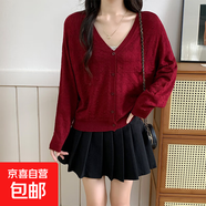 開(kāi)衫女V領(lǐng)針織衫女百搭時(shí)尚甜美寬松小外套打底外搭 紅色