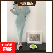 8146 粉色包臀連衣裙秋冬純欲性感V領(lǐng)交叉露背蝙蝠袖收腰內搭長(cháng)裙 綠色 S