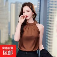 仿真絲露肩掛脖上衣女夏季設計感小眾外穿美人肩吊帶無(wú)袖背心正裝 咖啡色 （RF0075） L 碼100-108斤