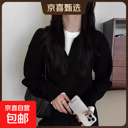 純羊毛衫女秋冬法式小眾翻領(lǐng)針織衫毛衣顯瘦打底衫上衣新款針織衫 黑色 XL