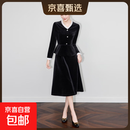 高品女裝法式赫本風(fēng)氣質(zhì)名媛絲絨連衣裙收腰荷葉邊新 黑色 2XL