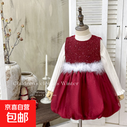 秋冬裝女童洋氣小香風(fēng)拼接網(wǎng)紗加絨花苞裙寶寶釘珠針織毛衣兩件套 紅色加絨背心+毛衣 80 80cm