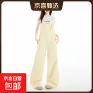 美式街牛仔背帶褲女夏季2025新款寬松復古腰直筒小個(gè)子闊腿褲 奶黃色背帶褲 703 M