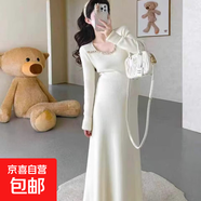 孕婦連衣裙秋冬季顯瘦氣質(zhì)彈力針織中長(cháng)款打底裙年會(huì )紅色拜年裙子 杏色 XL