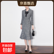 輕奢精致名媛小香千金風(fēng)粗花呢魚(yú)尾連衣裙收腰修身氣質(zhì) 灰色 L
