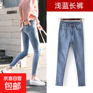 高端加絨煙灰色牛仔褲女2025冬季新款高腰彈力緊身保暖小腳鉛筆褲 淺藍長(cháng)褲 28