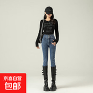 加絨高腰顯瘦復古藍小腳牛仔褲女年冬季保暖彈力鉛筆九分長(cháng)褲女褲 復古藍九分 常規 26