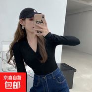 秋冬針織毛衣女修身彈力內搭深V領(lǐng)打底衫長(cháng)袖上衣S127 黑色 均碼