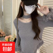 秋冬純欲掛脖流蘇針織打底毛衣衫女設計感修身內搭長(cháng)袖上衣R202 灰色 均碼