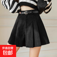卡其色燈芯絨短褲女秋冬高腰外穿歐貨褲裙休閑美拉德a字百褶裙褲 黑色 2XL