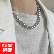 清冷銀灰色施家正圓強光水晶珍珠項鏈輕奢ins高級鎖骨鏈女 銀灰色8mm打結款