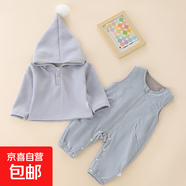 嬰兒衣服秋冬新款男女寶寶背帶褲套裝韓版加絨背帶連體衣兩件套潮 灰藍色（j2491401毛球尖角帽套裝） 73