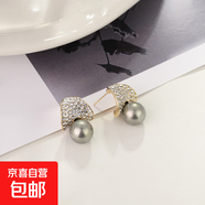 輕奢高級設計感耳環(huán)小眾氣質(zhì)仿珍珠耳釘小香風(fēng)日常百搭耳飾品 扇形鑲鉆珍珠耳釘-銀色
