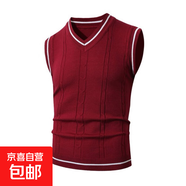 歐美無(wú)袖毛衣男青年毛線(xiàn)背心馬甲針織衫坎肩V領(lǐng)套頭秋季 酒紅色 M (中國碼)