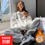 410#加絨加厚運動(dòng)服套裝女2025秋冬季學(xué)生韓版寬松時(shí)尚休閑兩件套 白色 L