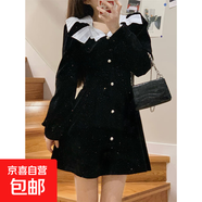 2025春秋裝新版長(cháng)袖紅色連衣裙子新款赫本風(fēng)高腰蝴蝶結短裙女裝 黑色 2XL