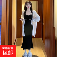 秋冬兩件套新年新春紅性感辣妹掛脖顯瘦包臀連衣裙慵懶毛衣開(kāi)衫 黑色 兩件套套裝 S