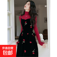 法式桔梗赫本風(fēng)高級感富家千金玫瑰吊帶新年新春紅連衣裙兩件套冬 單T恤 2XL