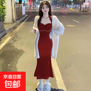 秋冬兩件套新年新春紅性感辣妹掛脖顯瘦包臀連衣裙慵懶毛衣開(kāi)衫 酒紅色 兩件套套裝 XL