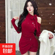 辣妹蝴蝶結紅露肩長(cháng)袖打底連衣裙女秋冬新款內搭修身顯瘦包臀裙 酒紅色 M