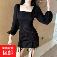 秋冬女裝長(cháng)袖褶皺抽繩法式桔梗修身顯瘦方領(lǐng)潮流連衣裙女HSYP853 黑色 S