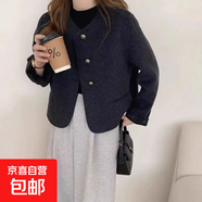 新款小香風(fēng)馬卡龍色系羊絨大衣女短款氣質(zhì)韓版圓領(lǐng)羊毛外套女裝 黑色 M