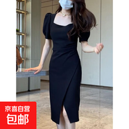 韓版氣質(zhì)方領(lǐng)連衣裙新款設計感泡泡袖中長(cháng)款開(kāi)叉包臀裙子HSYP1048 黑色 M