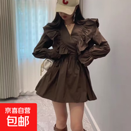 韓國Chic早春復古V領(lǐng)交叉荷葉邊系帶收腰短款小個(gè)子連衣裙HSYP990 咖啡色 XL