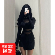 性感辣妹微透視黑色連衣裙女夏季網(wǎng)紗拼接純欲成熟包臀裙HSYP1092 1092短款 L