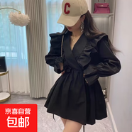 韓國Chic早春復古V領(lǐng)交叉荷葉邊系帶收腰短款小個(gè)子連衣裙HSYP990 黑色 M