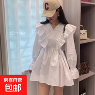 韓國Chic早春復古V領(lǐng)交叉荷葉邊系帶收腰短款小個(gè)子連衣裙HSYP990 白色 M