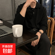 潮流新款韓國男裝翻領(lǐng)毛衣男設計師polo領(lǐng)親膚寬松針織衫 黑色 M