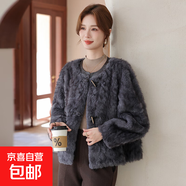 媽媽秋冬裝水貂絨外套時(shí)尚短款中老年女貴夫人皮毛一體仿皮草大衣 紫灰色 XL 建議90-115斤