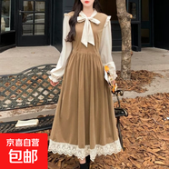 冬季學(xué)院風(fēng)蝴蝶結木耳邊連衣裙女2025韓版長(cháng)袖減齡連衣裙 卡其色 XL