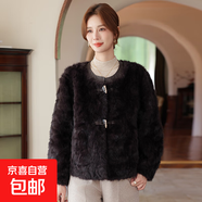 媽媽秋冬裝水貂絨外套時(shí)尚短款中老年女貴夫人皮毛一體仿皮草大衣 紫咖色 XL 建議90-115斤