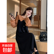 自家模特圖實(shí)拍大碼長(cháng)袖百搭A字長(cháng)裙撞色松弛感娃娃領(lǐng)連衣裙女 圖片色 4XL