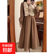 大碼胖mm2025新款秋裝長(cháng)袖連衣裙女裝超好看打底a字長(cháng)裙子 卡其 兩件套 2XL