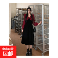 大碼胖mm秋冬赫本風(fēng)高腰連衣裙淑女顯瘦遮肚子小個(gè)子長(cháng)袖裙子紅 圖片色 XL