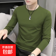 其他品牌純色圓領(lǐng)長(cháng)袖t恤男春秋商務(wù)休閑內搭白色雙面絨打底衫體 軍綠色 3XL