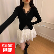 新年紅毛衣新年紅溫柔風(fēng)針織長(cháng)袖女秋季蕾絲花邊V領(lǐng)小衫開(kāi)叉上衣 732黑色 均碼