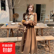新中式盤(pán)扣國風(fēng)馬甲兩件套連衣裙秋冬大碼胖mm復古收腰顯瘦套裝裙 卡其色 XL